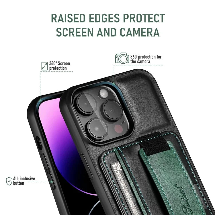 SUTENI H13 For iPhone 15 Pro Max Case PU Leather Coated PC+TPU Phone Shell with Kickstand, Card Slot