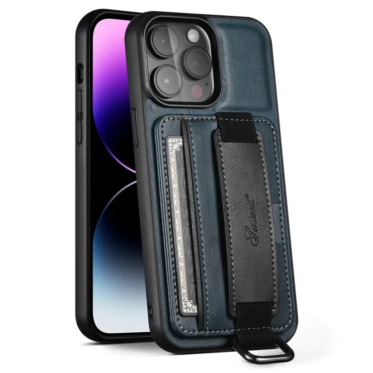SUTENI H13 For iPhone 15 Pro Max Case PU Leather Coated PC+TPU Phone Shell with Kickstand, Card Slot