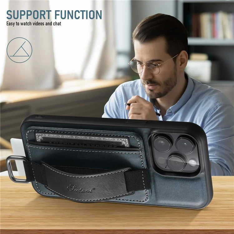 SUTENI H13 For iPhone 15 Pro Max Case PU Leather Coated PC+TPU Phone Shell with Kickstand, Card Slot