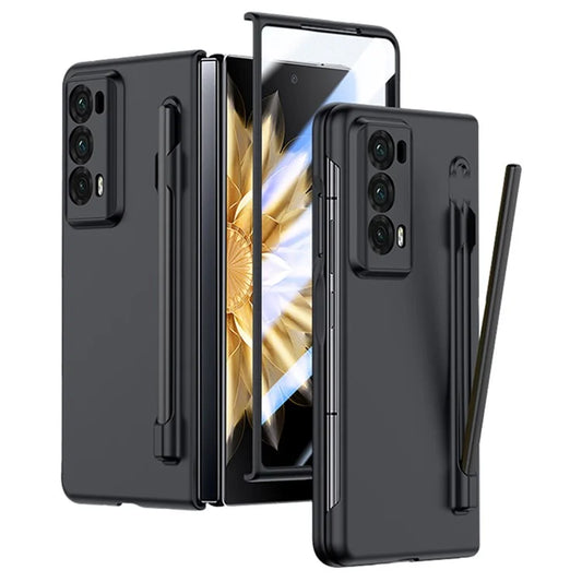 For Honor Magic V2 5G Skin-touch Phone Case with Tempered Glass Film and Stylus