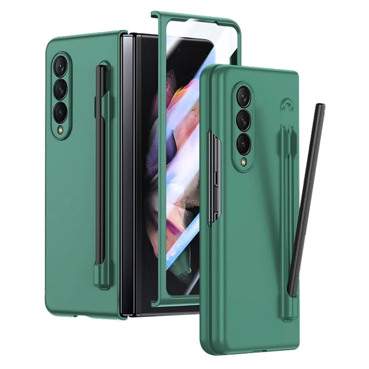 For Samsung Galaxy Z Fold3 5G Case Skin Feel Phone Cover with Tempered Glass Film / Stylus Pen