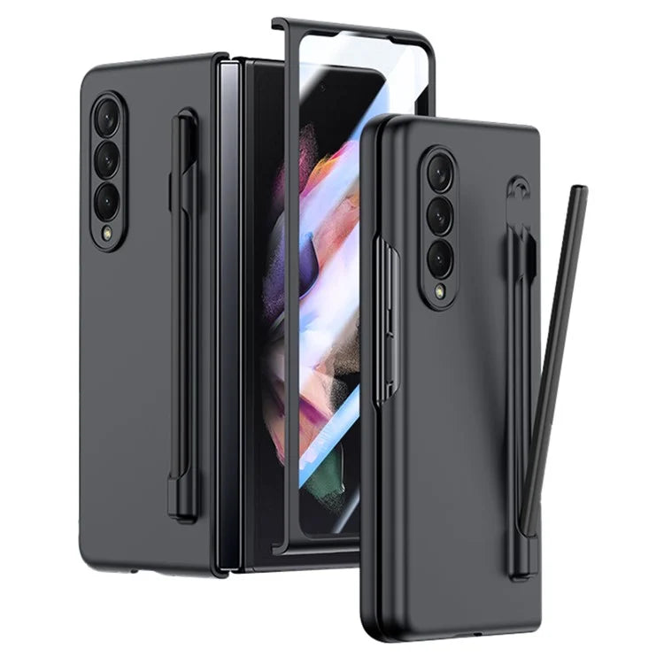 For Samsung Galaxy Z Fold3 5G Case Skin Feel Phone Cover with Tempered Glass Film / Stylus Pen