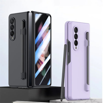 For Samsung Galaxy Z Fold3 5G Case Skin Feel Phone Cover with Tempered Glass Film / Stylus Pen