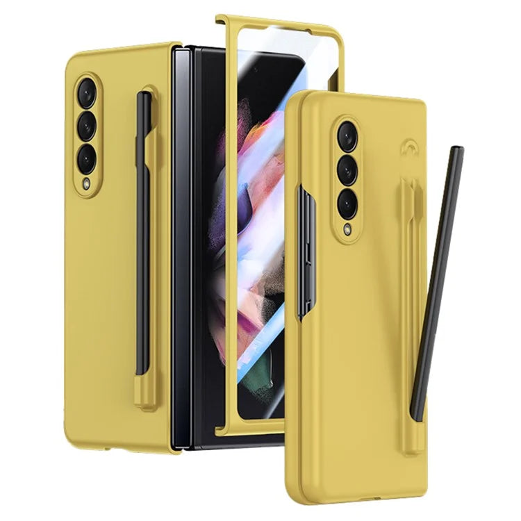 For Samsung Galaxy Z Fold3 5G Case Skin Feel Phone Cover with Tempered Glass Film / Stylus Pen