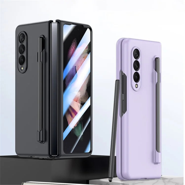 For Samsung Galaxy Z Fold3 5G Case Skin Feel Phone Cover with Tempered Glass Film / Stylus Pen