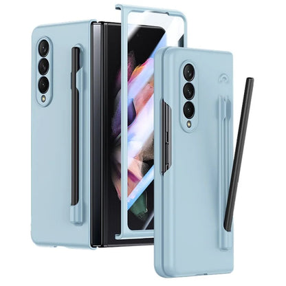 For Samsung Galaxy Z Fold3 5G Case Skin Feel Phone Cover with Tempered Glass Film / Stylus Pen