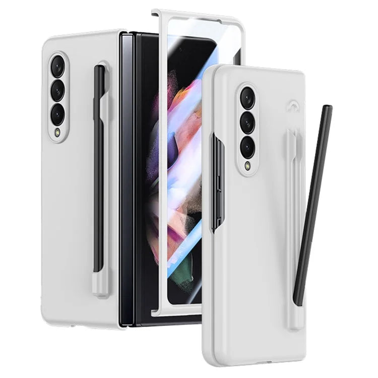 For Samsung Galaxy Z Fold3 5G Case Skin Feel Phone Cover with Tempered Glass Film / Stylus Pen