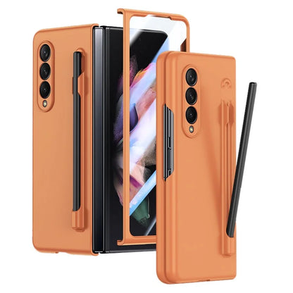For Samsung Galaxy Z Fold3 5G Case Skin Feel Phone Cover with Tempered Glass Film / Stylus Pen