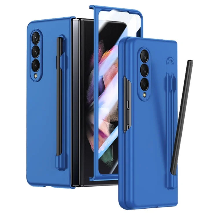 For Samsung Galaxy Z Fold3 5G Case Skin Feel Phone Cover with Tempered Glass Film / Stylus Pen