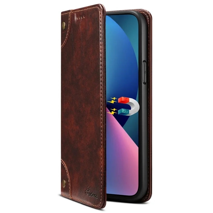 SUTENI For iPhone 15 Plus Magnetic Case Drop-resistant PU Leather Card Holder Phone Protector