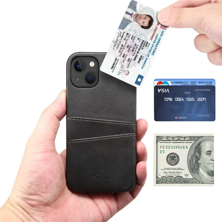 SUTENI For iPhone 15 Plus Phone Case Calf Texture Dual Card Slots