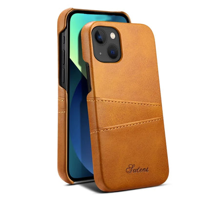 SUTENI For iPhone 15 Plus Phone Case Calf Texture Dual Card Slots