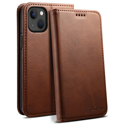 SUTENI for iPhone 15 Calf Texture Leather Case Wallet Magnetic Closure