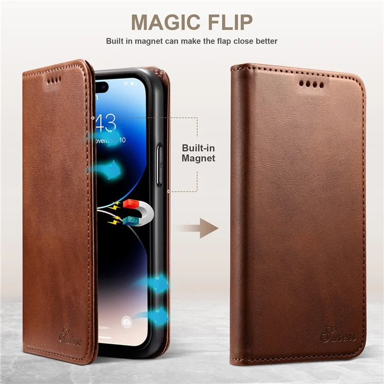 SUTENI for iPhone 15 Calf Texture Leather Case Wallet Magnetic Closure