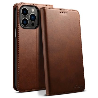 SUTENI for iPhone 15 Pro Leather Phone Case Calf Texture Wallet Stand