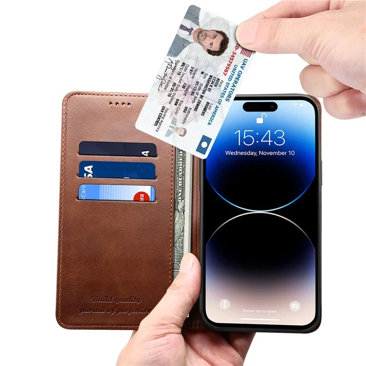 SUTENI for iPhone 15 Pro Leather Phone Case Calf Texture Wallet Stand