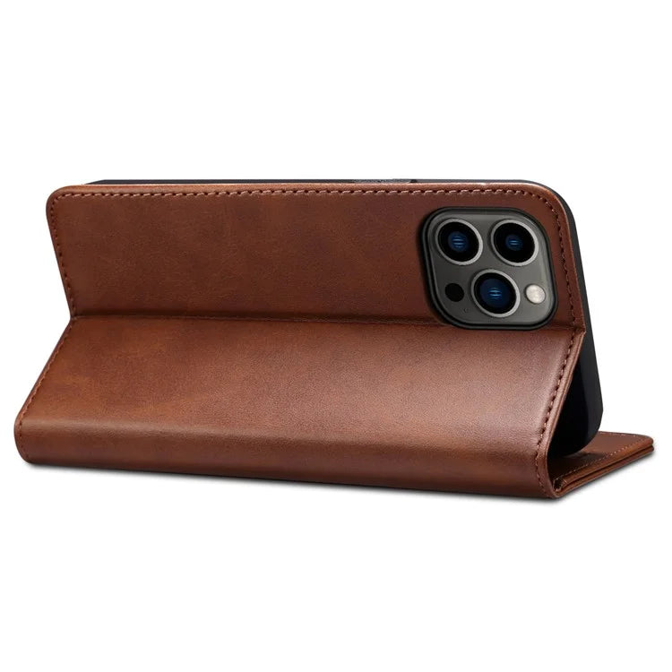 SUTENI for iPhone 15 Pro Leather Phone Case Calf Texture Wallet Stand