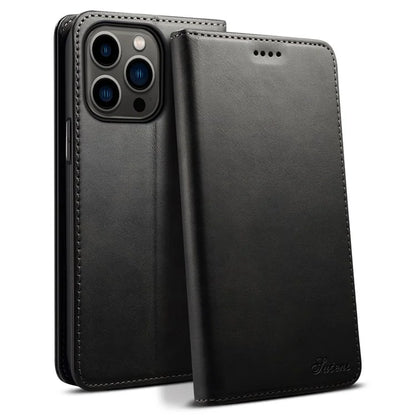 SUTENI for iPhone 15 Pro Leather Phone Case Calf Texture Wallet Stand