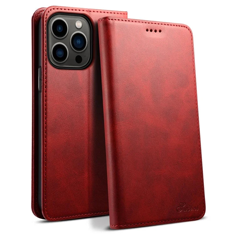 SUTENI for iPhone 15 Pro Leather Phone Case Calf Texture Wallet Stand