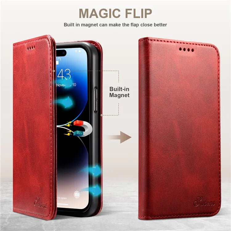 SUTENI for iPhone 15 Pro Leather Phone Case Calf Texture Wallet Stand
