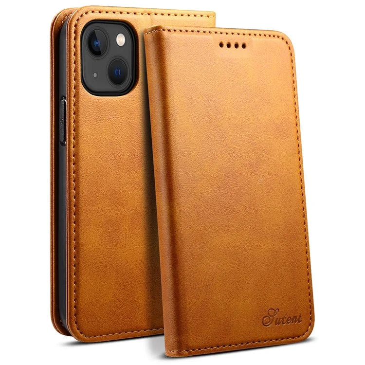SUTENI for iPhone 15 Plus Wallet Case Calf Texture PU Leather Phone Stand