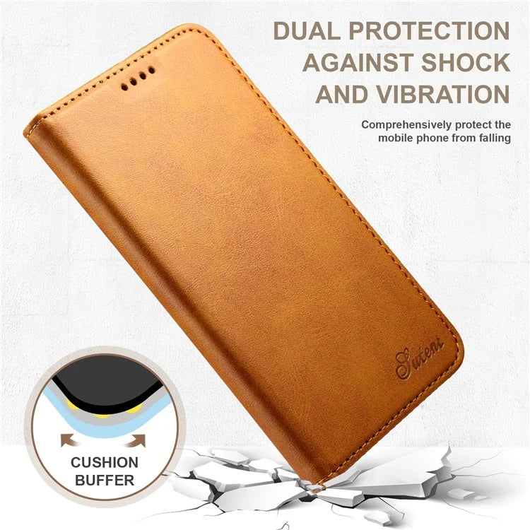 SUTENI for iPhone 15 Plus Wallet Case Calf Texture PU Leather Phone Stand