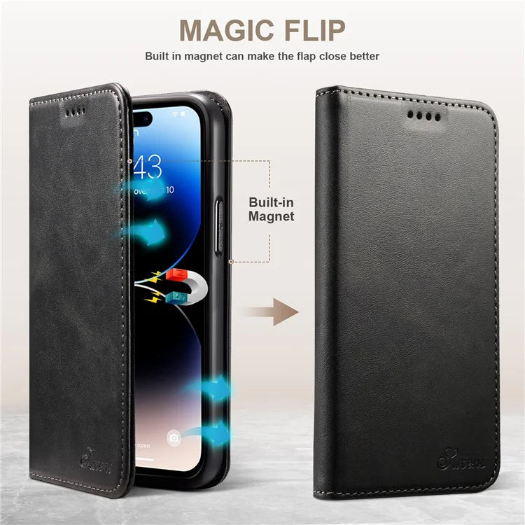 SUTENI for iPhone 15 Plus Wallet Case Calf Texture PU Leather Phone Stand