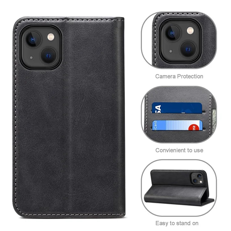 SUTENI for iPhone 15 Plus Wallet Case Calf Texture PU Leather Phone Stand