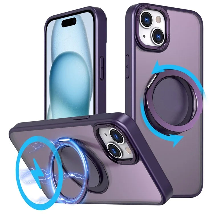 For iPhone 15 Plus Magnetic Case Ring Kickstand PC + TPU Cover