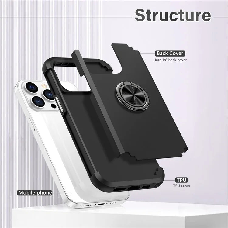 For iPhone 13 Pro Max Back Cover Finger Ring Holder PC+TPU Phone Protective Case
