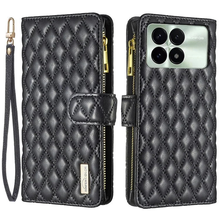 BINFEN COLOR BF Style-15 For Xiaomi Redmi K70E 5G / Poco X6 Pro 5G Case Zipper Wallet Stand Cover with Strap