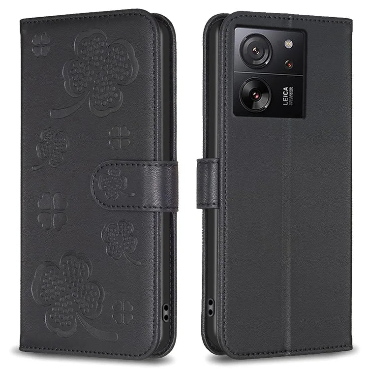 For Xiaomi 13T Case with Wallet Clover Pattern Leather Phone Stand Flip Cover