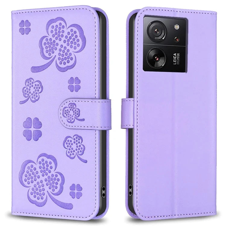 For Xiaomi 13T Case with Wallet Clover Pattern Leather Phone Stand Flip Cover