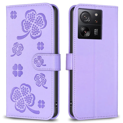 For Xiaomi 13T Case with Wallet Clover Pattern Leather Phone Stand Flip Cover