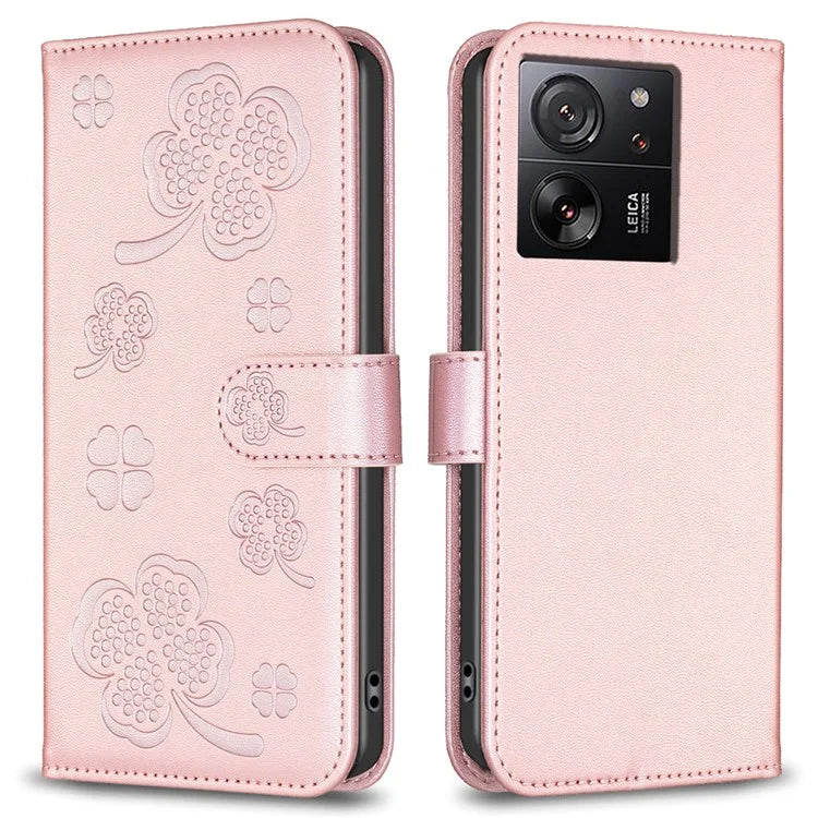 For Xiaomi 13T Case with Wallet Clover Pattern Leather Phone Stand Flip Cover