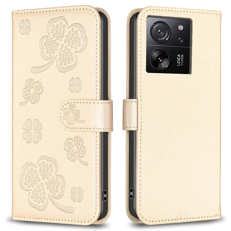 For Xiaomi 13T Case with Wallet Clover Pattern Leather Phone Stand Flip Cover