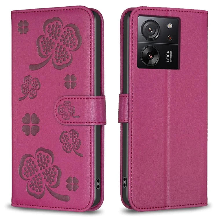 For Xiaomi 13T Case with Wallet Clover Pattern Leather Phone Stand Flip Cover