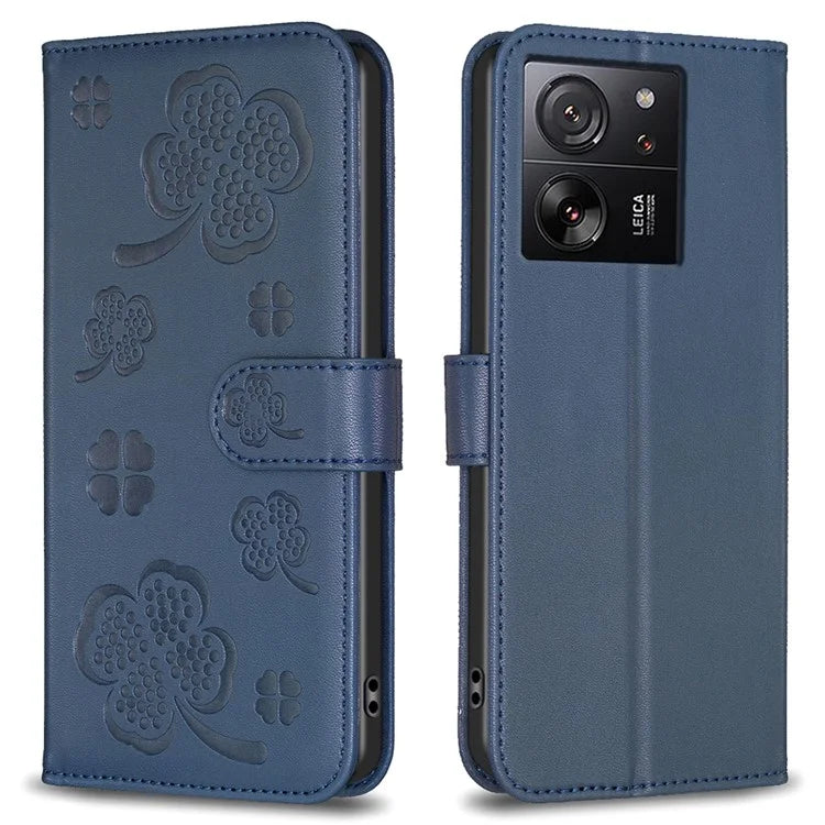 For Xiaomi 13T Case with Wallet Clover Pattern Leather Phone Stand Flip Cover