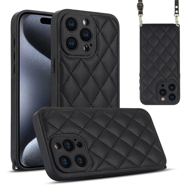 For iPhone 15 Pro Back Case Rhombus Grid PU+TPU Phone Cover with Shoulder Strap