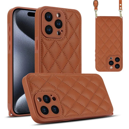 For iPhone 14 Pro Max Case with Shoulder Strap Rhombus Grid Leather Back Cover