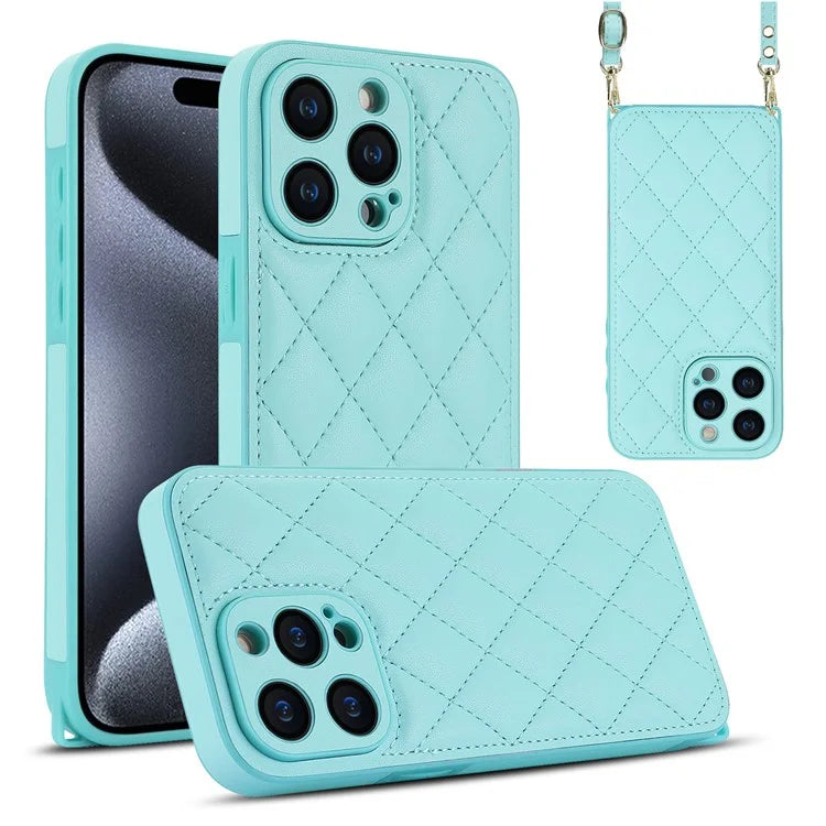 For iPhone 15 Pro Max Leather Back Case Rhombus Grid PU+TPU Cover Protector with Long Strap