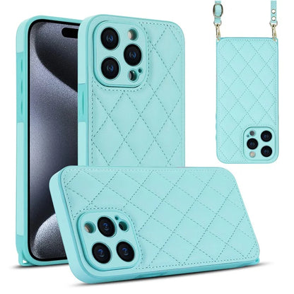 For iPhone 15 Pro Max Leather Back Case Rhombus Grid PU+TPU Cover Protector with Long Strap