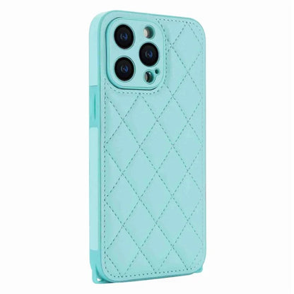 For iPhone 15 Pro Max Leather Back Case Rhombus Grid PU+TPU Cover Protector with Long Strap