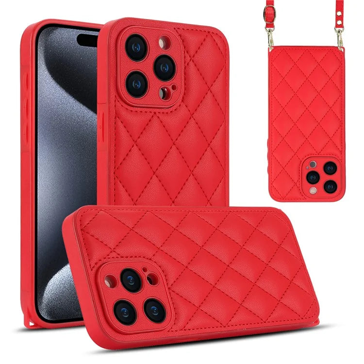 For iPhone 15 Pro Max Leather Back Case Rhombus Grid PU+TPU Cover Protector with Long Strap