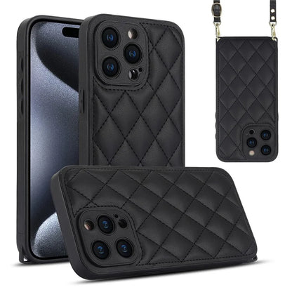 For iPhone 15 Pro Max Leather Back Case Rhombus Grid PU+TPU Cover Protector with Long Strap
