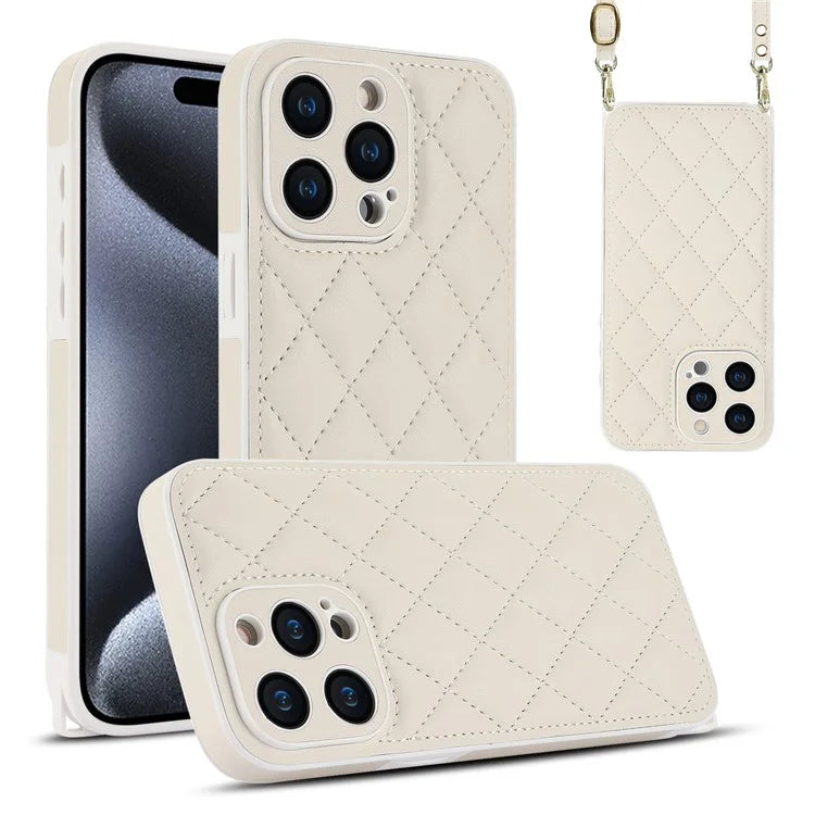 For iPhone 15 Pro Max Leather Back Case Rhombus Grid PU+TPU Cover Protector with Long Strap
