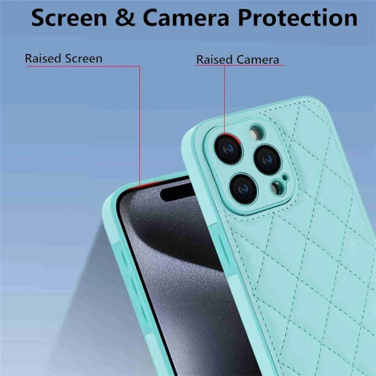 For iPhone 15 Pro Max Leather Back Case Rhombus Grid PU+TPU Cover Protector with Long Strap