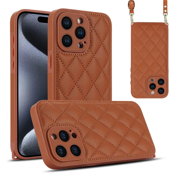 For iPhone 15 Pro Max Leather Back Case Rhombus Grid PU+TPU Cover Protector with Long Strap