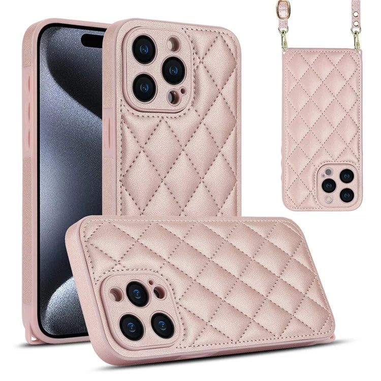 For iPhone 15 Pro Max Leather Back Case Rhombus Grid PU+TPU Cover Protector with Long Strap