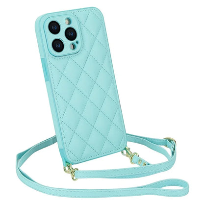 For iPhone 15 Pro Max Leather Back Case Rhombus Grid PU+TPU Cover Protector with Long Strap